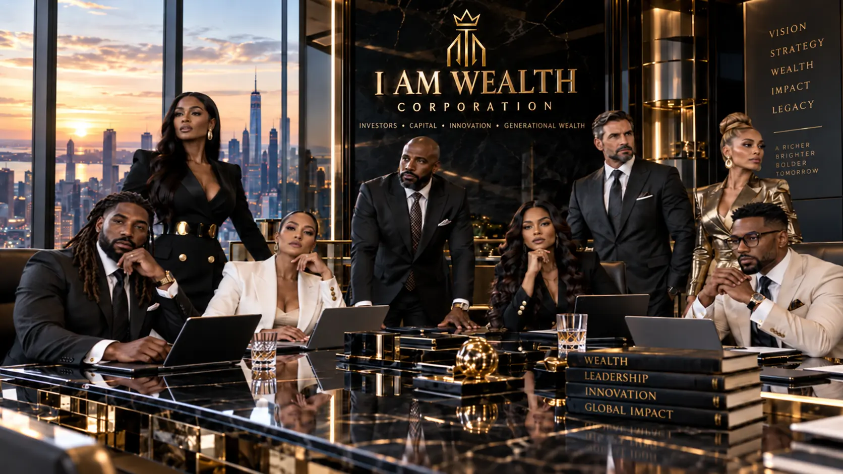 The I Am Wealth Corporation leadership team in a gold-accented boardroom overlooking a city skyline at sunset